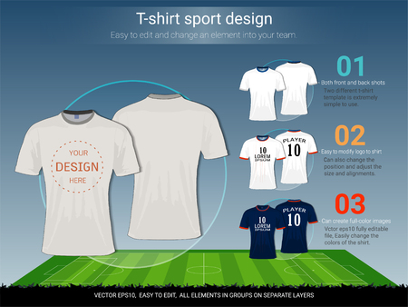 T-shirt sport design for football club on soccer playing field background, Front and back view jersey shirt uniform, Sport slim fit apparel mock up, Easy modify photo file to add Icon into your team.のイラスト素材