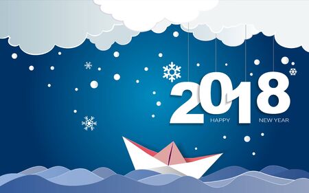 Paper art of Merry Christmas day and Happy new year 2018 on winter season with snow flake background, Easy to use by print a special offer or add your own logo, images, and text, whatever you want.のイラスト素材