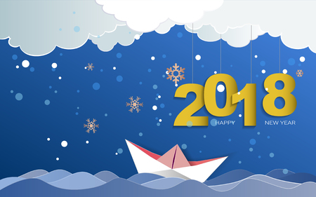 Paper art of Merry Christmas day and Happy new year 2018 on winter season with snow flake background, Easy to use by print a special offer or add your own logo, images, and text, whatever you want.のイラスト素材