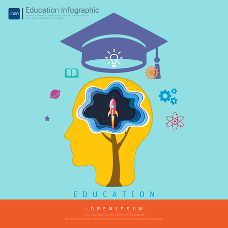 Education and learning concept, Head with brain thinking a launch space rocket flying, Above his head is a graduation cap and knowledge icons, Symbol of wisdom, educational success (Paper art style)のイラスト素材