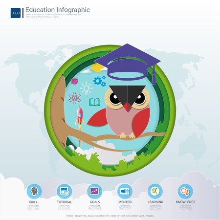 Education infographic and learning concept, Owl teacher with graduation cap, Space rocket launch and knowledge icons, Symbol of wisdom and educational success, Vector illustration.のイラスト素材