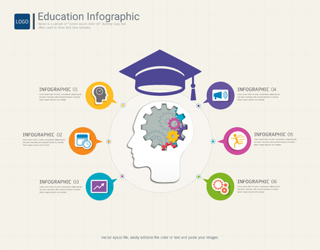 Education infographic elements template for graduation concept, This process helps your build visual, Presentation and communication skills, Graphs or charts help people understand data quickly.のイラスト素材