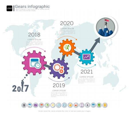 Gears infographic template for business presentation, Strategic plan to define company values, Can be used for scheduling in project management to mark specific points along a project timeline.のイラスト素材