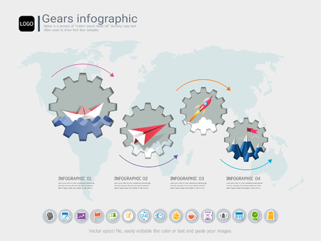 Gears infographic template for business presentation, Strategic plan to define company values, Can be used for scheduling in project management to mark specific points along a project timeline.のイラスト素材
