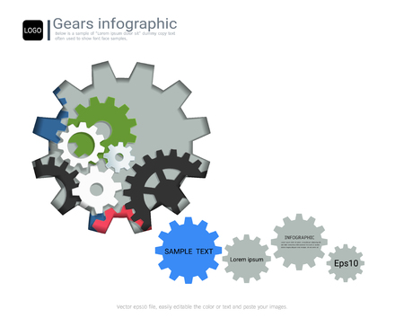 Gears infographic template for business presentation, Strategic plan to define company values, Can be used for scheduling in project management to mark specific points along a project timeline.のイラスト素材