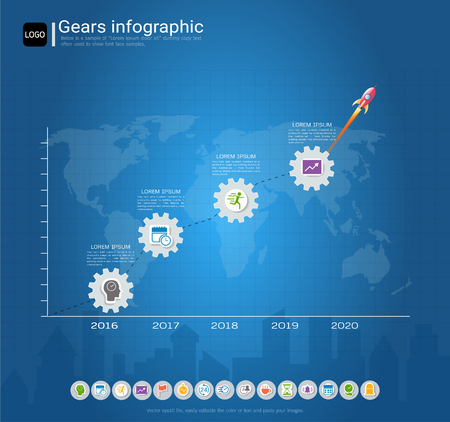 Gears infographic template for business presentation, Strategic plan to define company values, Can be used for scheduling in project management to mark specific points along a project timeline.のイラスト素材