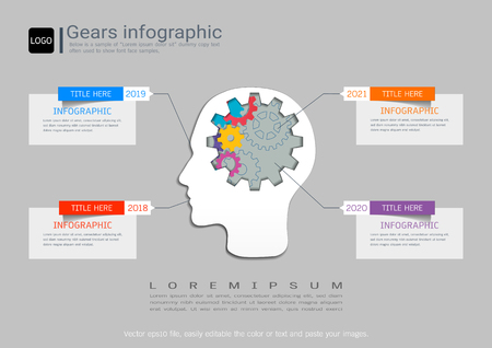 Gears infographic template for business presentation, Strategic plan to define company values, Can be used for scheduling in project management to mark specific points along a project timeline.のイラスト素材