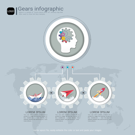 Gears infographic template for business presentation, Strategic plan to define company values, Can be used for scheduling in project management to mark specific points along a project timeline.のイラスト素材