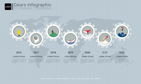 Gears infographic template for business presentation, Strategic plan to define company values, Can be used for scheduling in project management to mark specific points along a project timeline.のイラスト素材