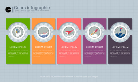 Gears infographic template for business presentation, Strategic plan to define company values, Can be used for scheduling in project management to mark specific points along a project timeline.のイラスト素材