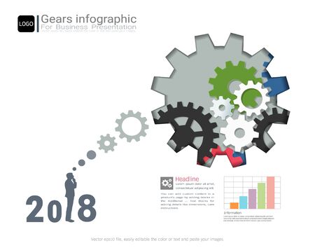 Gears infographic template for business presentation, Strategic plan to define company values, Can be used for scheduling in project management to mark specific points along a project timeline.のイラスト素材