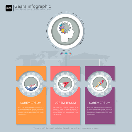 Gears infographic template for business presentation, Strategic plan to define company values, Can be used for scheduling in project management to mark specific points along a project timeline.のイラスト素材