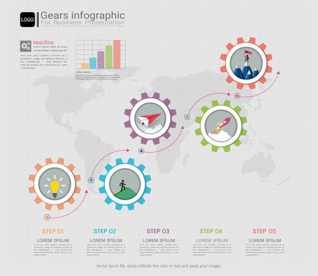 Gears infographic template for business presentation, Strategic plan to define company values, Can be used for scheduling in project management to mark specific points along a project timeline.のイラスト素材
