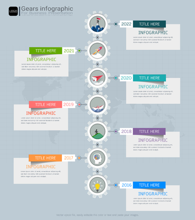 Gears infographic template for business presentation, Strategic plan to define company values, Can be used for scheduling in project management to mark specific points along a project timeline.のイラスト素材