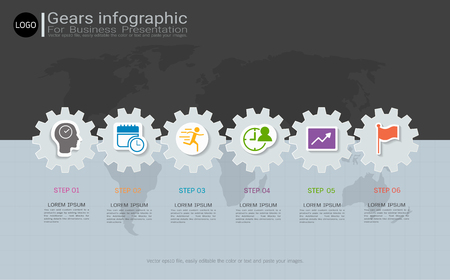 Gears infographic template for business presentation, Strategic plan to define company values, Can be used for scheduling in project management to mark specific points along a project timeline.のイラスト素材