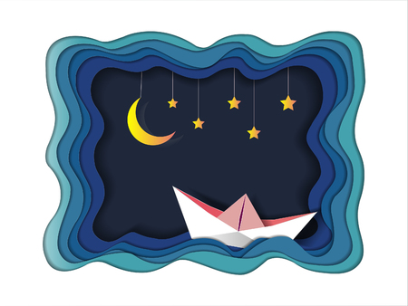 Good dream text design under the moon light and stars, Goodnight and sweet dream origami mobile concept, Vector illustration Paper art style.のイラスト素材
