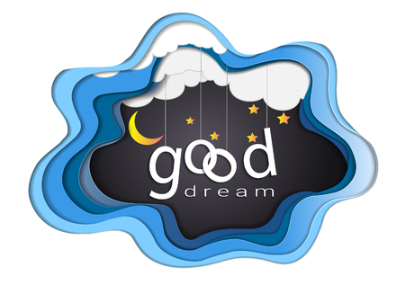 Good dream text design under the moon light and stars, Goodnight and sweet dream origami mobile concept, Vector illustration Paper art style.のイラスト素材