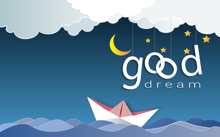 Good dream text design under the moon light and stars, Goodnight and sweet dream origami mobile concept, Vector illustration Paper art style.のイラスト素材