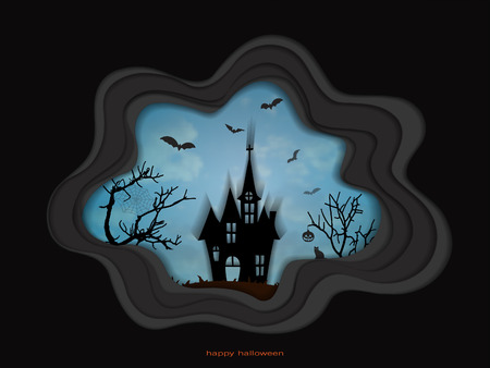 Halloween night background with haunted house and spooky forest with dead trees, illustration happy halloween vector design (Paper art style)のイラスト素材
