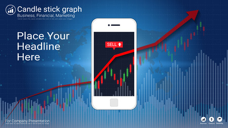 Mobile phone screen showing candlestick and financial graph charts, Infographic presentations template, Global network connection and Business analytics, Forex stock market investment trading.のイラスト素材