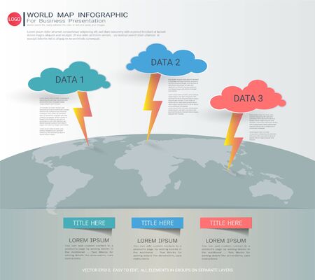 World map Infographic template, Tree steps with pointer marks, Communicates data through charts, graphs.のイラスト素材