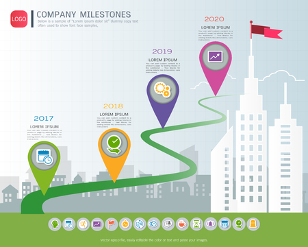 Milestone timeline info-graphic design, Road map or strategic plan to define company values.のイラスト素材