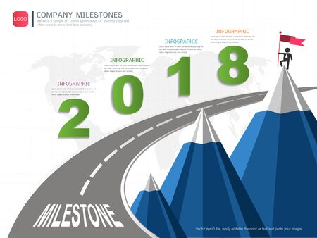 Milestone timeline infographic design, Road map or strategic plan to define company values, Can be used milestones for scheduling in project management to mark specific points along a project timelineのイラスト素材