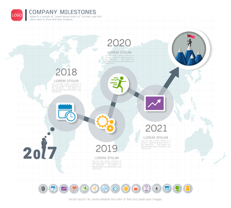 Milestone timeline infographic design, Roadmap or strategic plan to define company values.のイラスト素材
