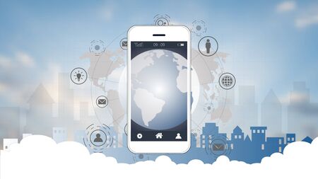 Smart phone screen with Global network connection background Vector illustration.のイラスト素材