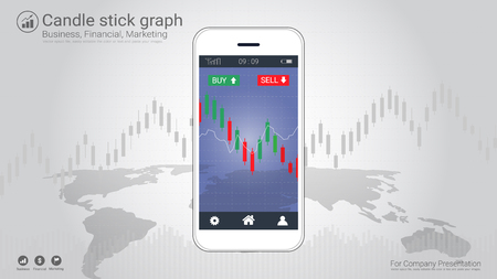 Smart phone screen showing candlestick and financial graph charts, Infographic presentations template Vector illustration.のイラスト素材