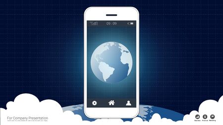 Smart phone screen with Global network connection background, Symbol of international communication, World map connected, Social media, Globalization business and Networking technology device concept.のイラスト素材