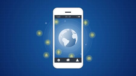 Smart phone screen with Global network connection background, Symbol of international communication, World map connected, Social media, Globalization business and Networking technology device concept.のイラスト素材