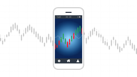 Smart phone screen showing financial and candlestick graph charts climbing up presentations template, Global network connection and Business analytics, Forex stock market investment trading concept.のイラスト素材