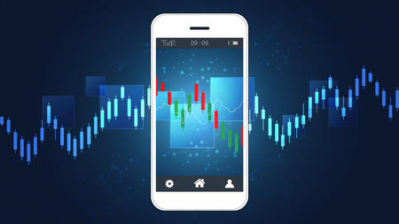 Smart phone screen showing financial and candlestick graph charts climbing up presentations template, Global network connection and Business analytics, Forex stock market investment trading concept.のイラスト素材