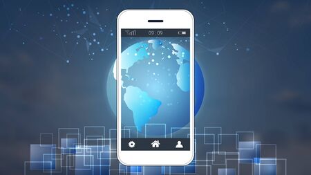 Smartphone screen showing digital circuit boards and world map background.のイラスト素材