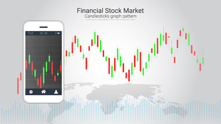 Mobile stock trading concept with candlestick and financial graph charts on screen, Global network connection and wireless technology allows investors to access trading platforms from their telephone.のイラスト素材