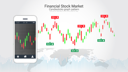 Mobile stock trading concept with candlestick and financial graph charts on screen, Global network connection and wireless technology allows investors to access trading platforms from their telephone.のイラスト素材