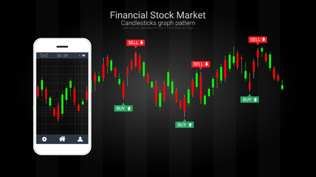 Mobile stock trading concept with candlestick and financial graph charts on screen, Global network connection and wireless technology allows investors to access trading platforms from their telephone.のイラスト素材