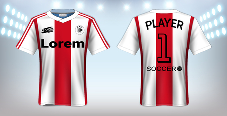 Soccer Jersey and Sportswear T-Shirt Mockup Template, Realistic Graphic Design Front and Back View for Football Kit Uniforms, Easy Possibility to Apply Your Artwork, Text, Image, Logoのイラスト素材