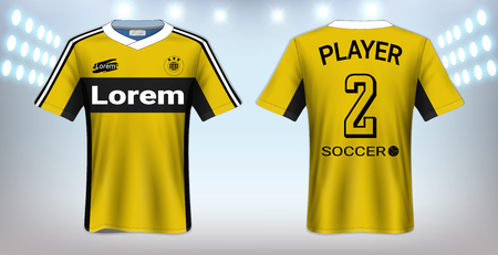 Soccer Jersey and Sportswear T-Shirt Mockup Template, Realistic Graphic Design Front and Back View for Football Kit Uniforms, Easy Possibility to Apply Your Artwork, Text, Image, Logoのイラスト素材