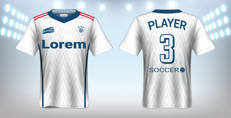 Soccer Jersey and Sportswear T-Shirt Mockup Template, Realistic Graphic Design Front and Back View for Football Kit Uniforms, Easy Possibility to Apply Your Artwork, Text, Image, Logoのイラスト素材