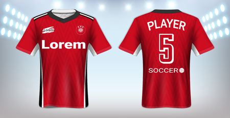 Soccer Jersey and Sportswear T-Shirt Mockup Template, Realistic Graphic Design Front and Back View for Football Kit Uniforms, Easy Possibility to Apply Your Artwork, Text, Image, Logoのイラスト素材