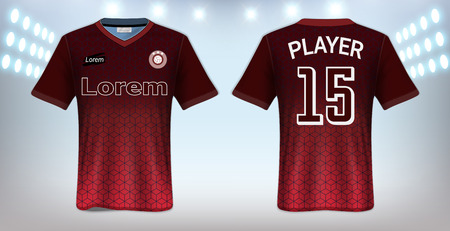 Soccer Jersey and Sportswear T-Shirt Mockup Template, Realistic Graphic Design Front and Back View for Football Kit Uniforms, Easy Possibility to Apply Your Artwork, Text, Image, Logoのイラスト素材