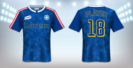 Soccer Jersey and Sportswear T-Shirt Mockup Template, Realistic Graphic Design Front and Back View for Football Kit Uniforms, Easy Possibility to Apply Your Artwork, Text, Image, Logoのイラスト素材