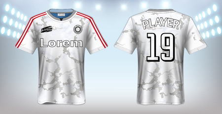 Soccer Jersey and Sportswear T-Shirt Mockup Template, Realistic Graphic Design Front and Back View for Football Kit Uniforms, Easy Possibility to Apply Your Artwork, Text, Image, Logoのイラスト素材