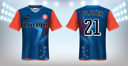 Soccer Jersey and Sportswear T-Shirt Mockup Template, Realistic Graphic Design Front and Back View for Football Kit Uniforms, Easy Possibility to Apply Your Artwork, Text, Image, Logoのイラスト素材