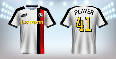 Soccer Jersey and Sportswear T-Shirt Mockup Template, Realistic Graphic Design Front and Back View for Football Kit Uniforms, Easy Possibility to Apply Your Artwork, Text, Imageのイラスト素材