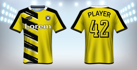 Soccer Jersey and Sportswear T-Shirt Mockup Template, Realistic Graphic Design Front and Back View for Football Kit Uniforms, Easy Possibility to Apply Your Artwork, Textのイラスト素材