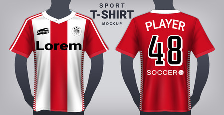 Soccer Jersey and Sportswear T-Shirt Mockup Template, Realistic Graphic Design Front and Back View for Football Kit Uniforms, Easy Possibility to Apply Your Artwork, Textのイラスト素材