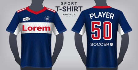 Soccer Jersey and Sport T-Shirt Mockup Template, Realistic Graphic Design Front and Back View for Football Kit Uniforms, Easy Possibility to Apply Your Artwork, Text.のイラスト素材